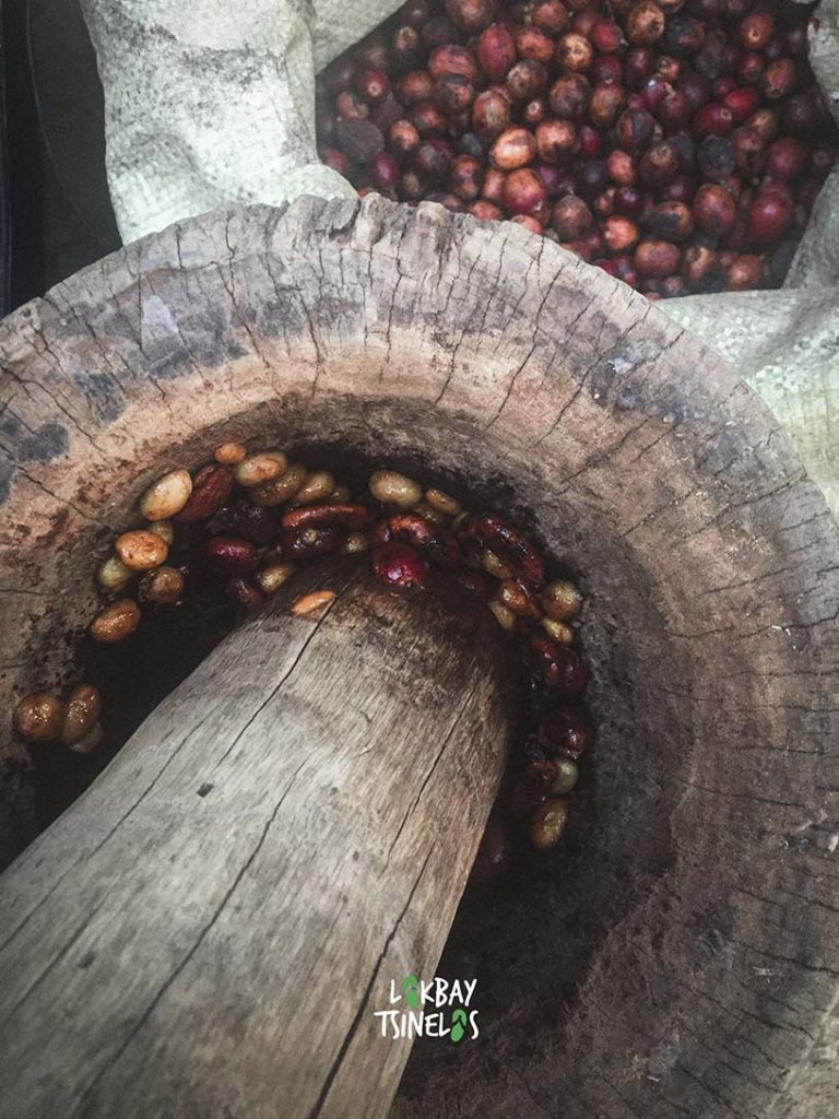 coffee cherries in a wooden pounder